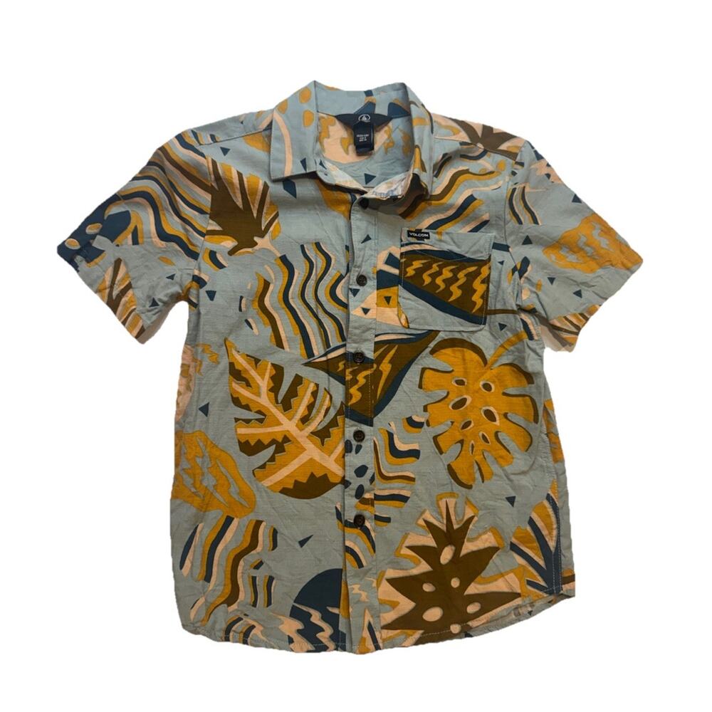 Volcom Boys Size 8 Small Button Up Shirt Tropical Surf Short Sleeve Blue Print